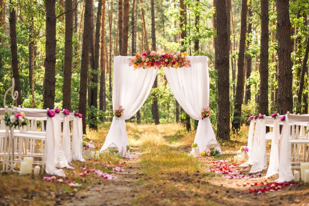 Hochzeitszeremonie im Freien in einem Wald. Ein Holzbogen ist mit weißem Stoff behangen und mit bunten Blumen geschmückt. Weiße Stühle säumen beide Seiten des Ganges, der mit rosa und roten Blütenblättern bestreut ist. Hohe Bäume umgeben den Bereich.