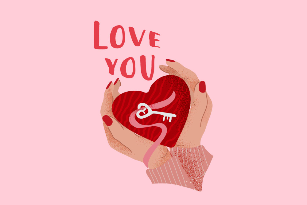 Abbildung von zwei Händen, die ein rotes Herz mit einem Schlüsselloch und einem Schlüssel darin halten. Darüber steht in fetten roten Buchstaben „Love You“. Der Hintergrund ist in zartem Rosa gehalten.